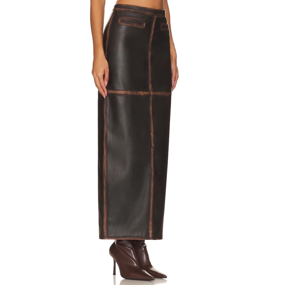 L'Academie Brown Faux Leather Maxi Skirt Distressed Seam High Waist Small